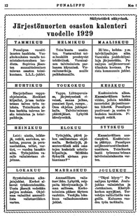 Järjestönuorten osaston kalenteri vuodelta 1929